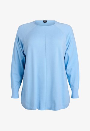 Maglione azzurro chiaro a maniche lunghe con scollo rotondo, maniche a raglan e orlo dritto. Realizzato in tessuto morbido e confortevole.