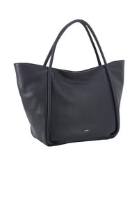 Navy leather tote bag with a textured finish, featuring two elongated handles and a minimalist design. Includes a subtle logo accent.