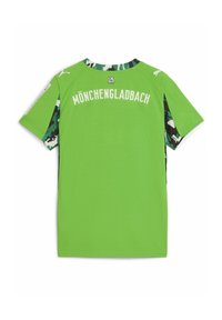 Zielona sportowa koszulka z krótkimi rękawami w kamuflażowy wzór. Z tyłu umieszczony napis "MÖNCHENGLADBACH" w białej czcionce. Teksturowany materiał.