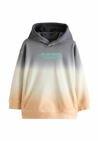 Sweat-shirt en dégradé de gris à blanc et pêche, avec une poche avant et un design texte en teal. Matière douce avec une capuche.
