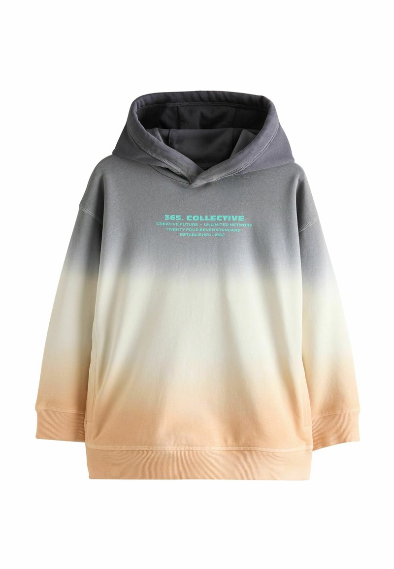 Sweat-shirt en dégradé de gris à blanc et pêche, avec une poche avant et un design texte en teal. Matière douce avec une capuche.