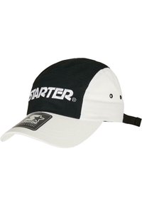 Casquette noire et blanche avec sangle ajustable ; présente le logo "STARTER" en blanc bold à l'avant, tissu lisse et visière courbée.