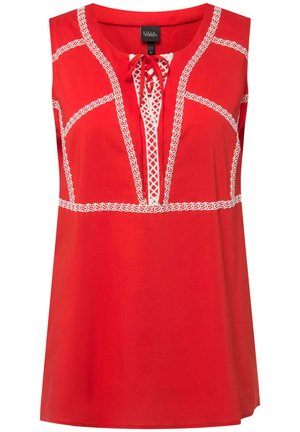 Rode mouwloze top met een ronde halslijn, voorzien van witte geborduurde accenten en een strikdetail aan de voorkant, gemaakt van lichtgewicht materiaal.