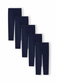 Cinque paia di leggings blu navy disposti in diagonale su uno sfondo bianco, che mostrano la lunghezza completa e le fasce elastiche in vita.