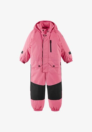 Pink insulated snowsuit with a hood, black accents, elastic cuffs, and a zippered chest pocket; made from waterproof material.