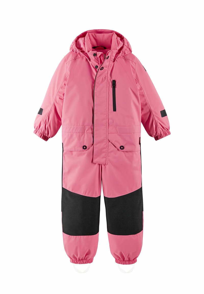 Pink insulated snowsuit with a hood, black accents, elastic cuffs, and a zippered chest pocket; made from waterproof material.