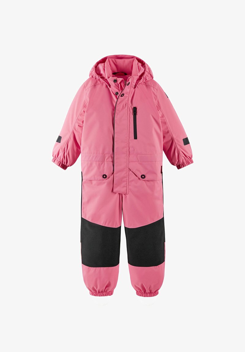 Pink insulated snowsuit with a hood, black accents, elastic cuffs, and a zippered chest pocket; made from waterproof material.