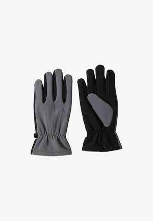 Par de guantes aislantes, vistos por delante y por detrás, en gris y negro, con puños fruncidos y un refuerzo antideslizante gris en la palma.