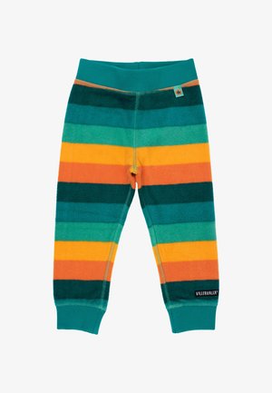 Spodnie z polaru z poziomymi paskami w kolorach morskim, pomarańczowym i żółtym. Elastyczny pas z małą gwiazdką jako metką. Miękka tekstura.