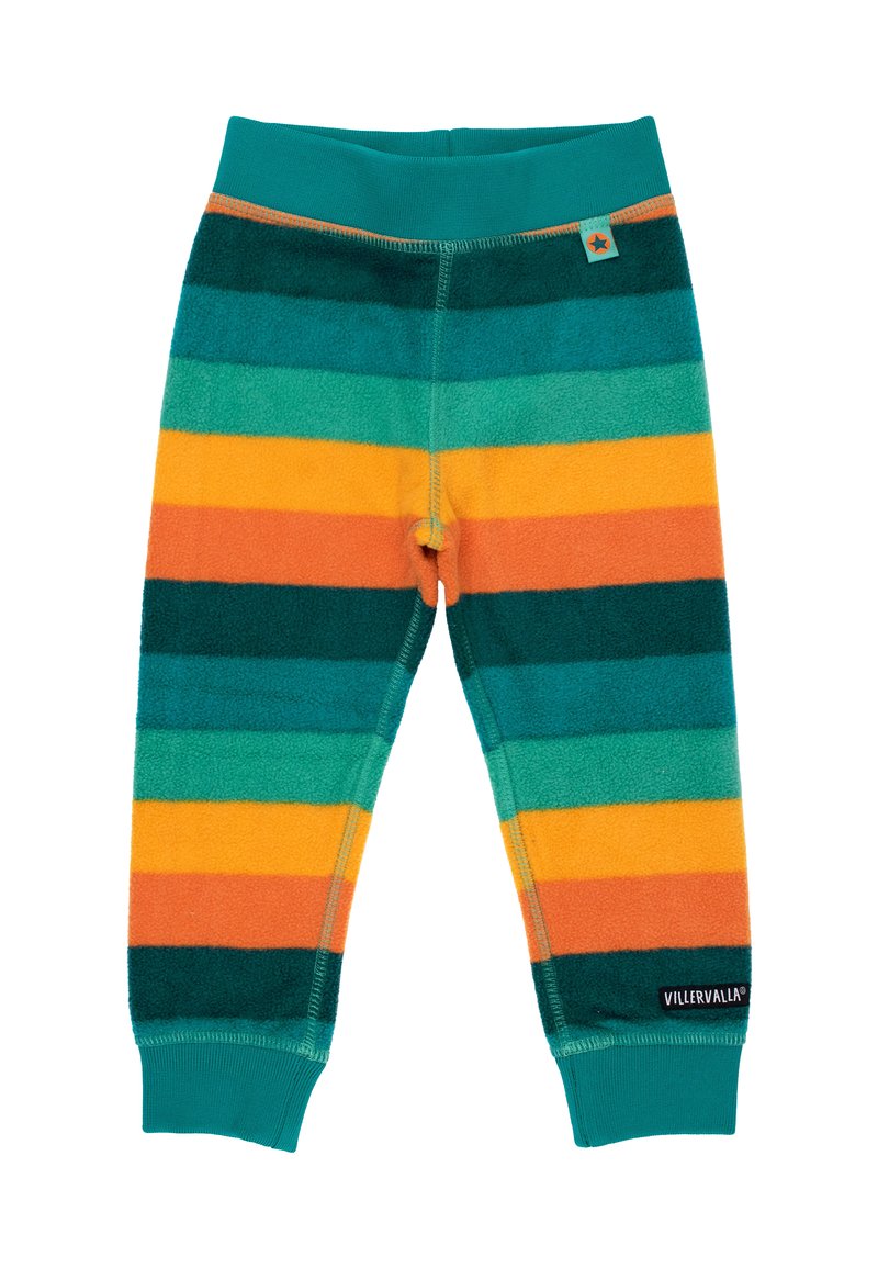 Fleecestoffhosen mit horizontalen Streifen in Türkis, Orange und Gelb. Elastischer Bund mit kleinem Sternanhänger. Weiche Textur.