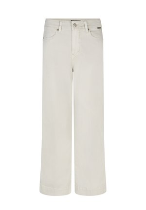 Beige bukser med vide ben, frontlommer, bæltestropper, knaplukning og metalnitter, vist på en ensartet hvid baggrund.