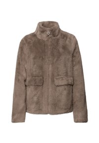 Faux fur jacket in soft brown, featuring a high collar, front zip closure, and two patch pockets. Textured, fluffy surface.