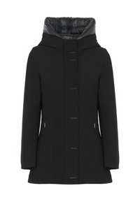 Cappotto softshell nero con cappuccio grigio imbottito, dotato di chiusura con zip e bottone, tasche laterali e silhouette aderente.