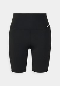 Czarne sportowe szorty z wysokim stanem, wykonane z elastycznego materiału, z płaskimi szwami i małym białym logo Nike po lewej stronie.