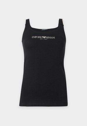 Czarny bezrękawnik z logo Emporio Armani i tekstem "EST. 1981" umieszczonym na środku klatki piersiowej.