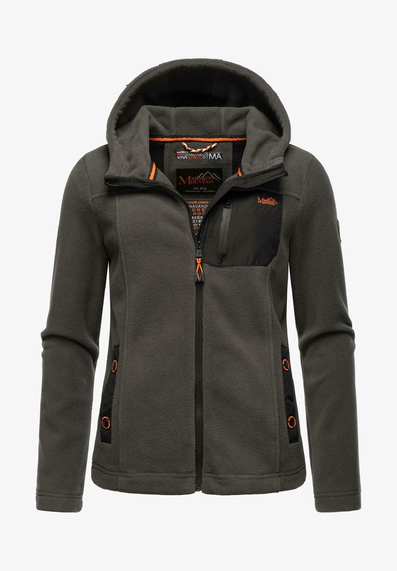 Hallide fleece-jakk, millel on kapuuts, musta rinnakotiga, oranžide aktsentidega ja küljetaskud ringikujuliste detailidega.