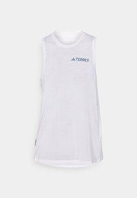 Top atletico bianco senza maniche con scollatura rotonda e logo "TERREX" blu a contrasto, realizzato in materiale leggero e traspirante.