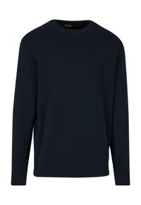 Maglione a maglia blu navy con scollo rotondo, maniche lunghe e polsini a coste. Tessuto morbido e testurizzato con design minimalista, senza motivi o dettagli.