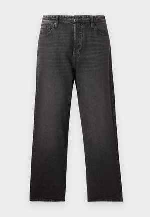 Mustad denim teksad sirge sääre lõikega, millel on viis taskut ja nähtavad õmbluse detailid. Kerge kangas ja sile tekstuur.