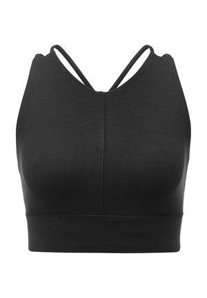 Schwarzer Sport-BH mit dünnen, gekreuzten Trägern und zentraler Nahtgestaltung, entwickelt für athletischen Halt und Komfort.