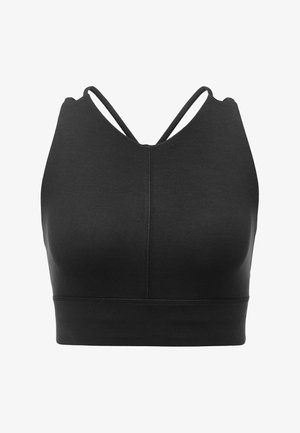 Schwarzer Sport-BH mit dünnen, gekreuzten Trägern und zentraler Nahtgestaltung, entwickelt für athletischen Halt und Komfort.