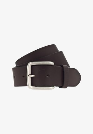 Brown leather belt with a smooth texture, featuring a silver metal buckle and punched holes for adjustment. "Mustang" embossed on the strap.