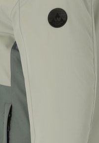 Helle graue Outdoor-Hosen mit glatter Textur, ausgestattet mit einem dunklen runden Logo-Patch und kontrastierenden seitlichen Einsätzen in gedämpftem Grün.
