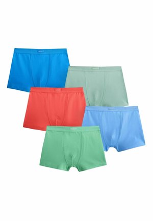Päť párov pánskych boxerek v modrej, svetlozelenej, červenej, nebesky modrej a mätovej farbe usporiadaných na bielom pozadí.