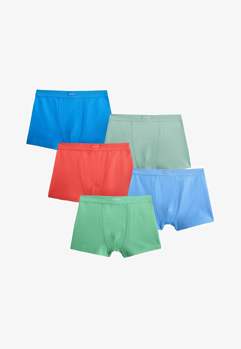 Cinq paires de boxers pour homme en bleu, vert clair, rouge, bleu ciel et vert menthe disposées sur un fond blanc.