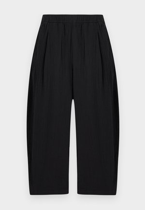 Μαύρο παντελόνι με ευρεία μπατζάκια, κομμένο πάνω από τον αστράγαλο, με ελαστική μέση και διακριτική υφή στο ύφασμα.