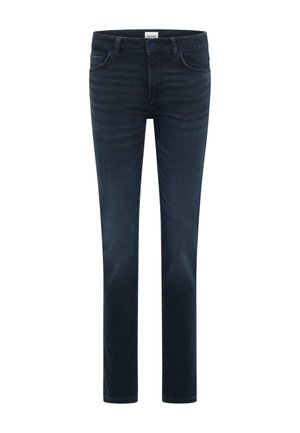Dark blue slim-fit jeans with front pockets, belt loops, and subtle fading on the thighs, displayed against a white background.