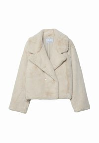 Cremefarbene Jacke aus Kunstpelz, kurz geschnitten, mit weitem Revers, doppelt geknöpftem Vorderteil und weicher, strukturierter Oberfläche. Innen befindet sich ein kleines Logetikett.