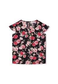 Blusa floreale con sfondo nero, decorata con rose rosse e rosa e fiori bianchi. Maniche corte a sbuffo e scollatura a V.