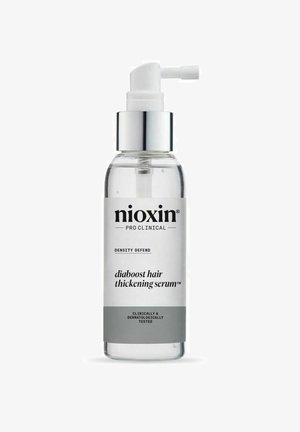 Clear glass bottle with a silver pump, labeled "Nioxin Pro Clinical," containing a transparent serum; features a white and gray design.