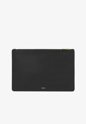 Black leather pouch with a smooth texture, rectangular shape, a gold zipper, and logo embossed on the front.
