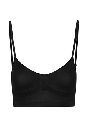 Zwarte bralette van zachte stof, met dunne verstelbare bandjes en een naadloos ontwerp met een gestructureerde band rondom de onderkant.