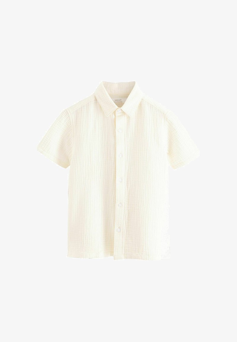 Short-sleeve, cream-colored button-up shirt with a textured fabric and a classic collar on a white background.