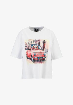 White cotton t-shirt featuring a colorful print of a bear wearing sunglasses in a red vintage car, set against a pastel city background.
