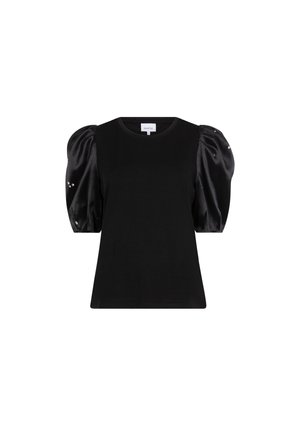 Black short-sleeve top with silky puffed sleeves, featuring decorative studs on the shoulder. Soft fabric with a relaxed fit.