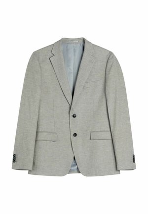 Jasnoszary męski blezer z klapami z wycięciem, dwoma czarnymi guzikami z przodu oraz kieszeniami z patkami, prezentowany na białym tle.