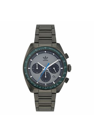 Sports watch with a dark metal bracelet, gray dial, green bezel, and three sub-dials. Features a blue second hand and white hour markers.