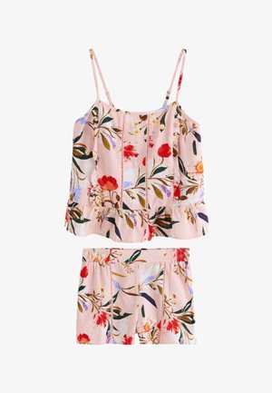 Hellrosa florales Cami-Top mit Rüschensaum und passenden Shorts mit elastischem Bund, mit roten, violetten und grünen botanischen Prints.