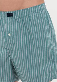 Shorts rayés teal en tissu léger avec une taille élastique. Dotés d'un petit détail bouton et de rayures blanches verticales.