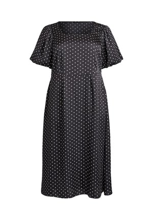 Robe noire mi-longue à pois blancs, manches courtes bouffantes et encolure carrée.