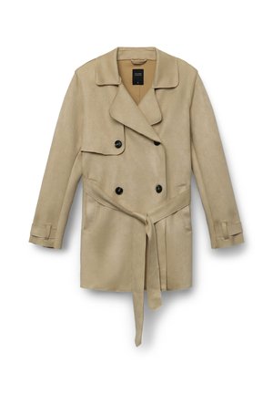Beige Doppeltknopf-Trenchcoat mit schwarzen Knöpfen, weitem Kragen, Gürtel in der Taille und Riemen an den Ärmeln.