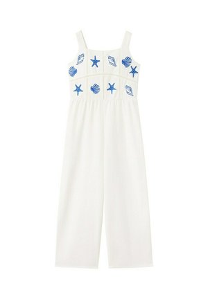 Combinaison blanche sans manches avec jambes larges et coquillages et étoiles de mer bleus brodés sur le panneau poitrine.