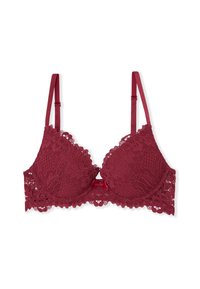 Burgundowy koronkowy biustonosz z fiszbinami, kwiatowym wzorem, falbankowymi krawędziami, regulowanymi ramiączkami i centralną satynową kokardką.