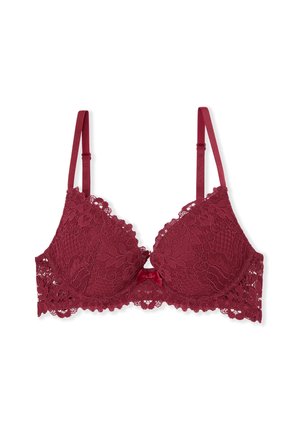Burgundowy koronkowy biustonosz z fiszbinami, kwiatowym wzorem, falbankowymi krawędziami, regulowanymi ramiączkami i centralną satynową kokardką.