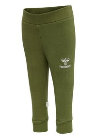 Olivgrön gravidbyxor med mjukt midjeband och en broderad vit logotyp på vänster sida. Åtsittande design med smalnande ben.