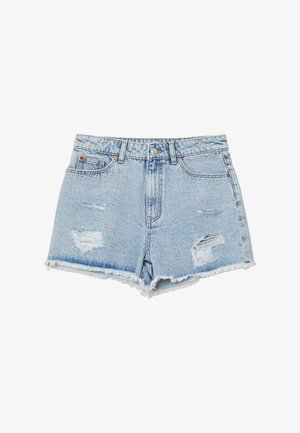 Shorts en denim bleu clair avec ourlet effiloché, détails usés sur le devant, cinq poches et fermeture à bouton. Dotés d'une large taille.